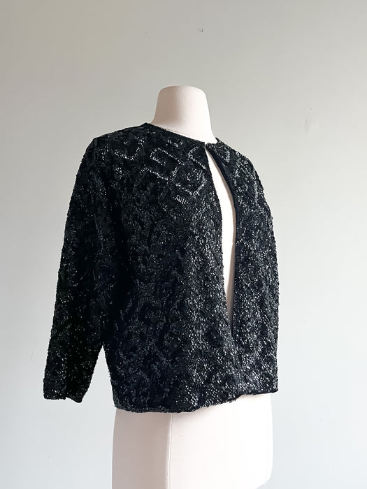 Elegant 1960’s Jet Black Sequined Cardigan / Sz M/L