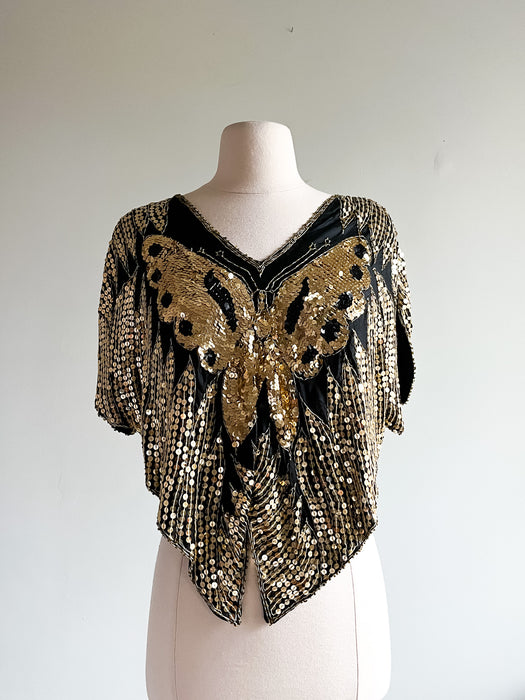 Black & Gold Butterfly Sequin GLAM Party Top / Sz M/L