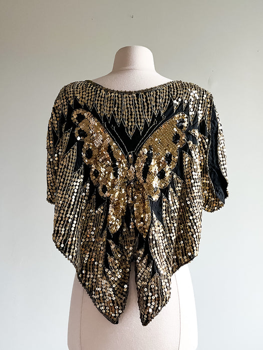 Black & Gold Butterfly Sequin GLAM Party Top / Sz M/L