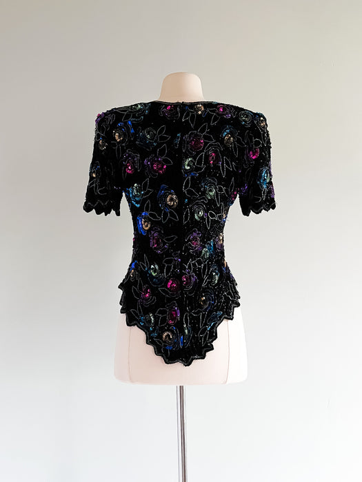 Laurence Kazar Abstract Floral Sequin Party Top/ Sz M
