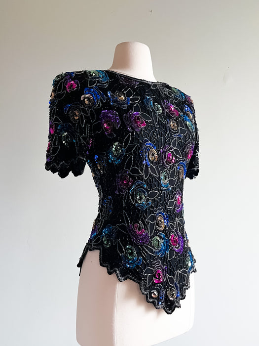 Laurence Kazar Abstract Floral Sequin Party Top/ Sz M