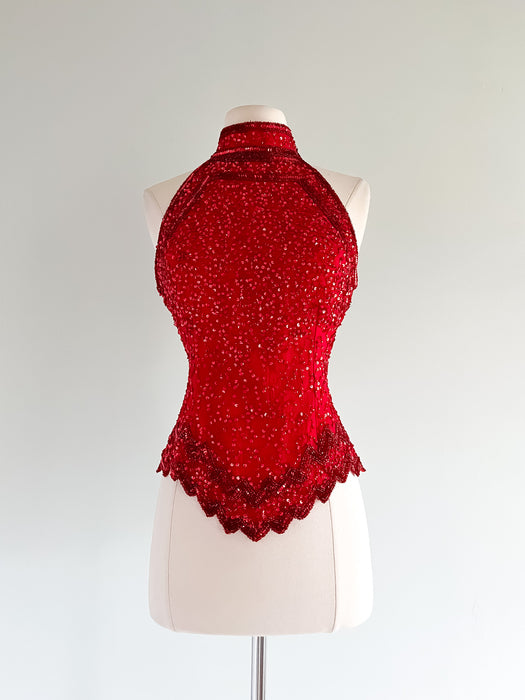 Red HOT Halter Beaded Party Top / Sz M