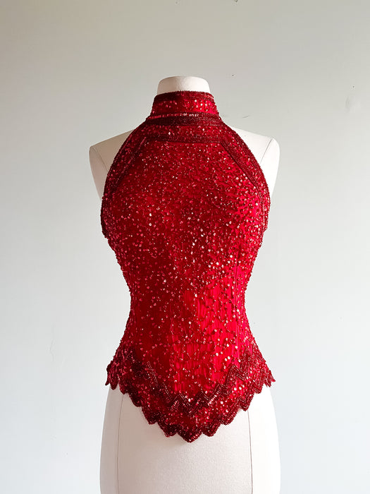 Red HOT Halter Beaded Party Top / Sz M