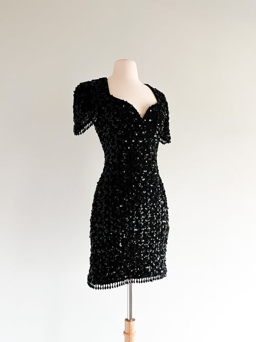 Chic 1980's Black Sequin Party Dress with Peek-a-Boo Back / Sz SM