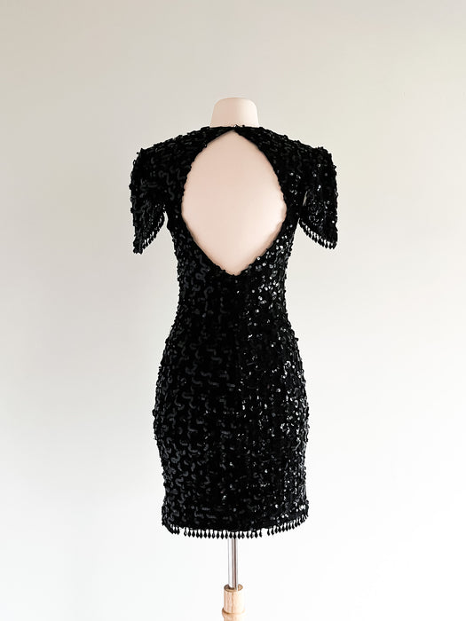 Chic 1980's Black Sequin Party Dress with Peek-a-Boo Back / Sz SM