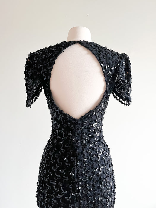 Chic 1980's Black Sequin Party Dress with Peek-a-Boo Back / Sz SM