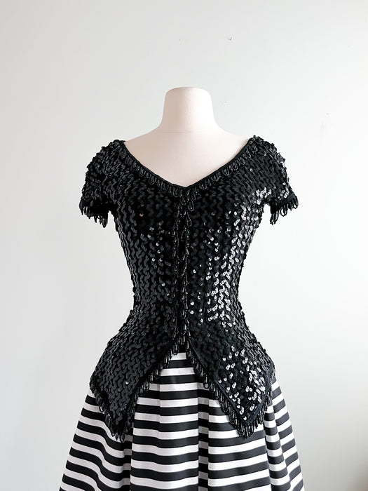 Vintage 80's Goth Frank Usher Black Sequins and Striped Party Dress / Sz SM