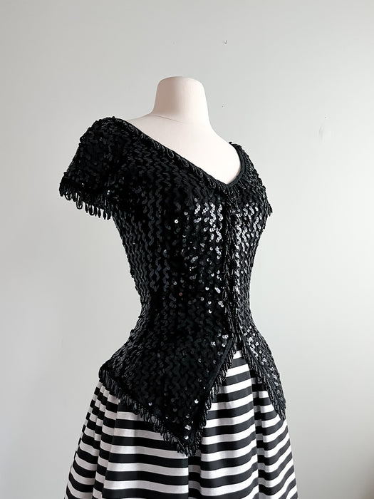 Vintage 80's Goth Frank Usher Black Sequins and Striped Party Dress / Sz SM