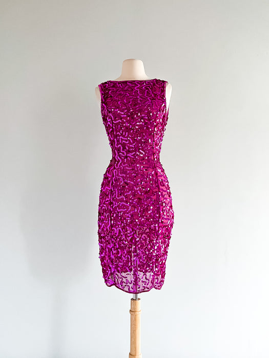 Vintage 80's Gorgeous Fuchsia Silk Sequined Party Dress / Sz M