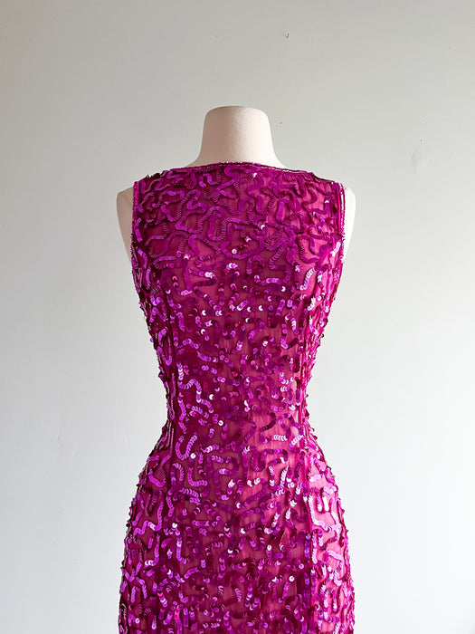 Vintage 80's Gorgeous Fuchsia Silk Sequined Party Dress / Sz M