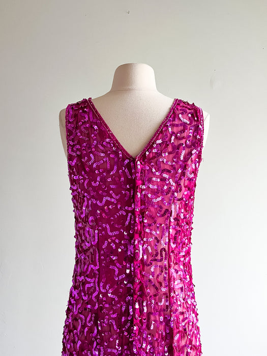 Vintage 80's Gorgeous Fuchsia Silk Sequined Party Dress / Sz M