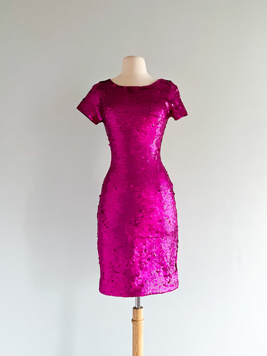 Vintage 90s HOT PINK Fully Sequined BARBIECORE Party Dress / Sz M