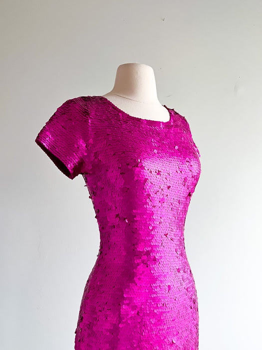 Vintage 90s HOT PINK Fully Sequined BARBIECORE Party Dress / Sz M