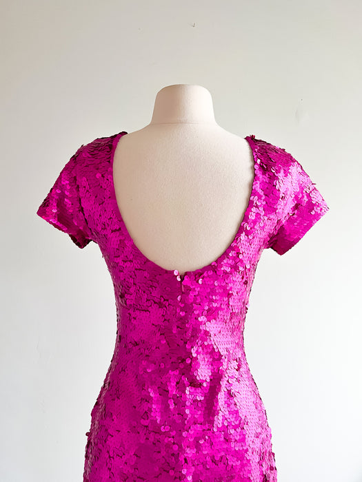 Vintage 90s HOT PINK Fully Sequined BARBIECORE Party Dress / Sz M