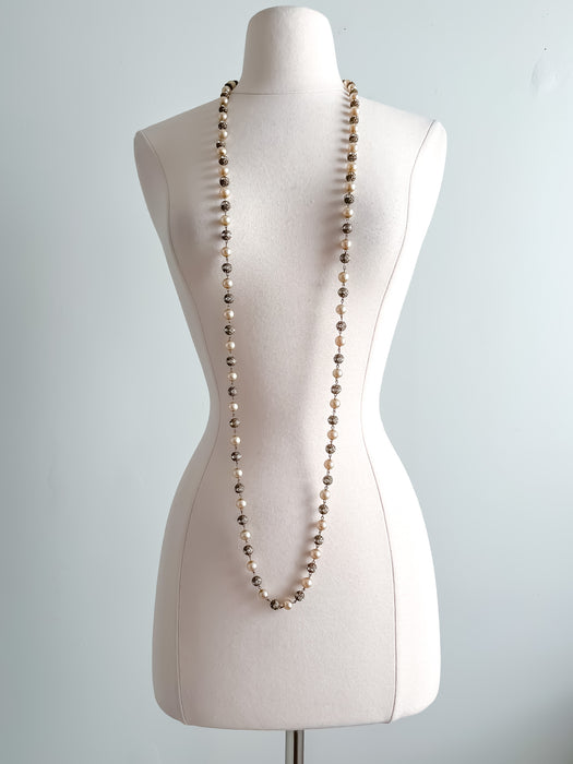 Vintage 1950's Pearl & Rhinestone Long Line Necklace