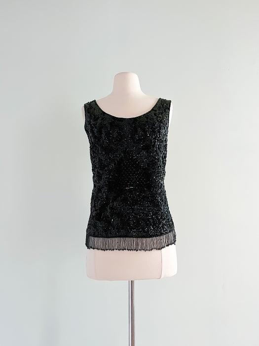 Dazzling 1960's Black Beaded Party Top / Sz M