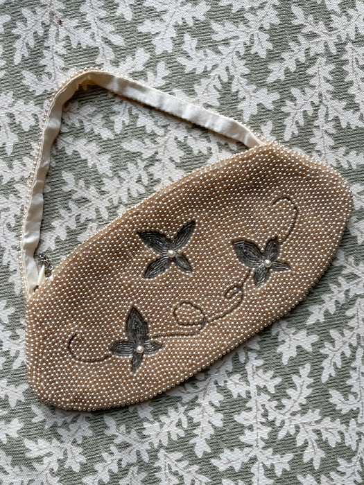 Beautiful 50's Needlepoint Rose Gold Floral Pearl Evening Bag