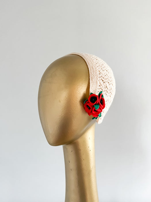 Cutest Ever 1930's Ivory Crochet and Poppies Knit Cloche Hat / OS