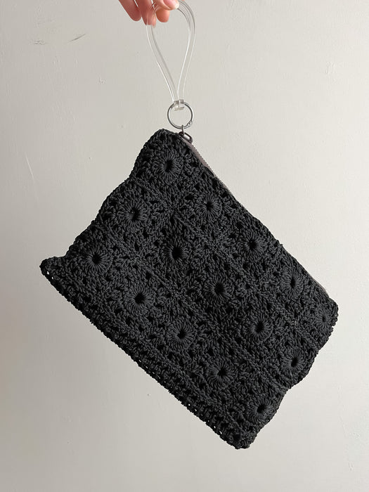 Beautiful 1930's Black Crochet Pouch Clutch With Lucite Handle
