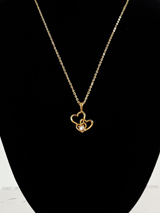 Adorable NOS 1980's Gold and Diamond Rhinestone Heart Trio Charm Necklace