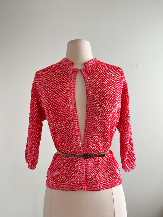 Deadstock 1950's Harilela's Sweet Cherry Red Sequined Sweater / Sz M