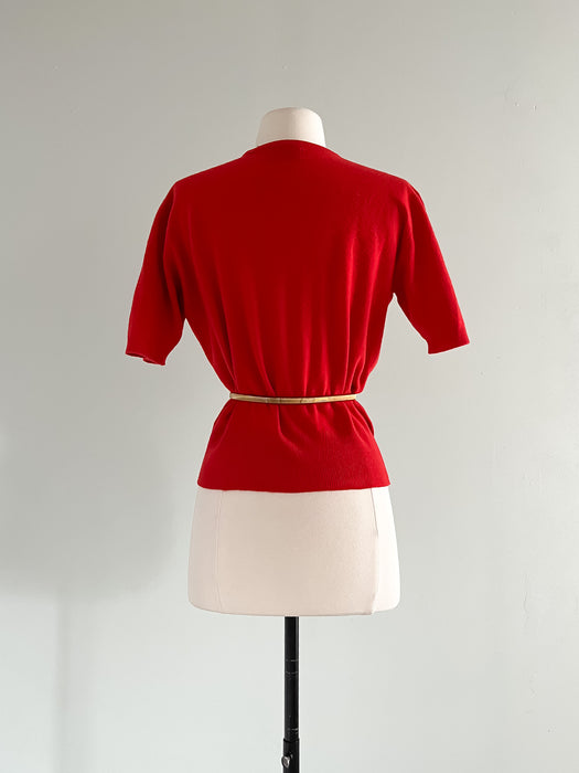 Sweet Scarlet  Red Cashmere Short Sleeve Knit Pullover Sweater  / Sz M