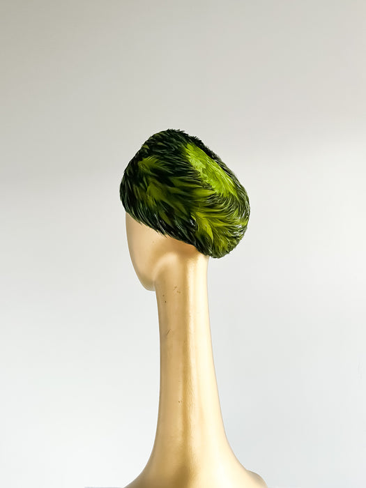 Stunning 1960's Shamrock Green Feathered Pillbox Hat by Patrice / OS