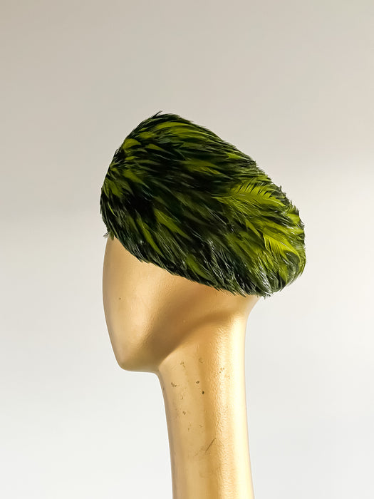 Stunning 1960's Shamrock Green Feathered Pillbox Hat by Patrice / OS