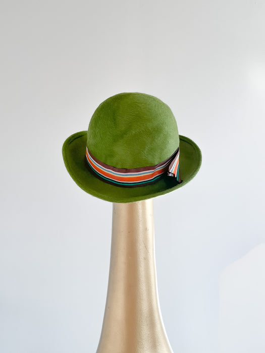 Incredible 1960's Moss Green Fur Felt Bowler Hat by Jan Leslie / OS
