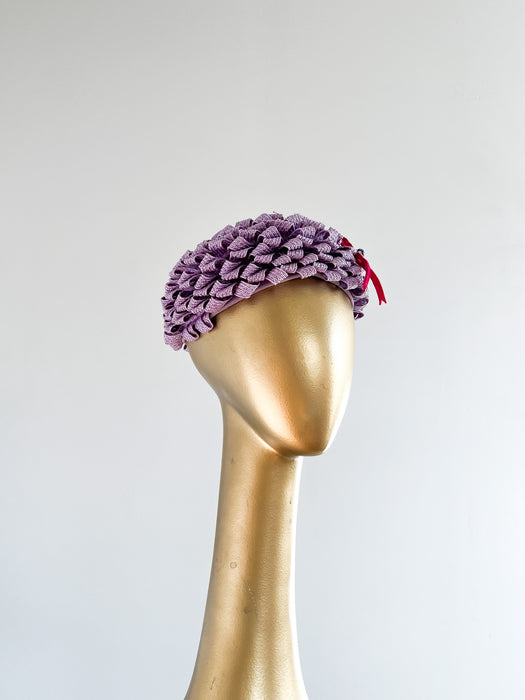 Adorable 1960's Lavender Ribbon Pillbox Hat By Coralie  / OS