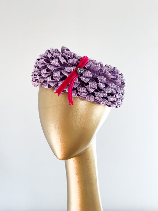 Adorable 1960's Lavender Ribbon Pillbox Hat By Coralie  / OS
