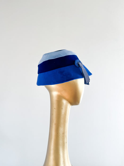 Magnificent 1960's Blue Velvet Peach Basket Hat By The Bon Marche / OS
