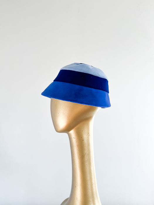 Magnificent 1960's Blue Velvet Peach Basket Hat By The Bon Marche / OS
