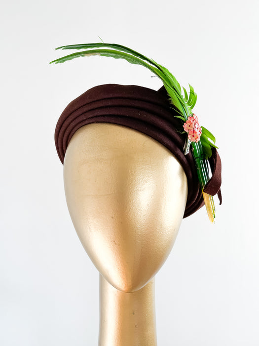 Sweet 1940's Green Feather Cap By Keller and Zander / OS