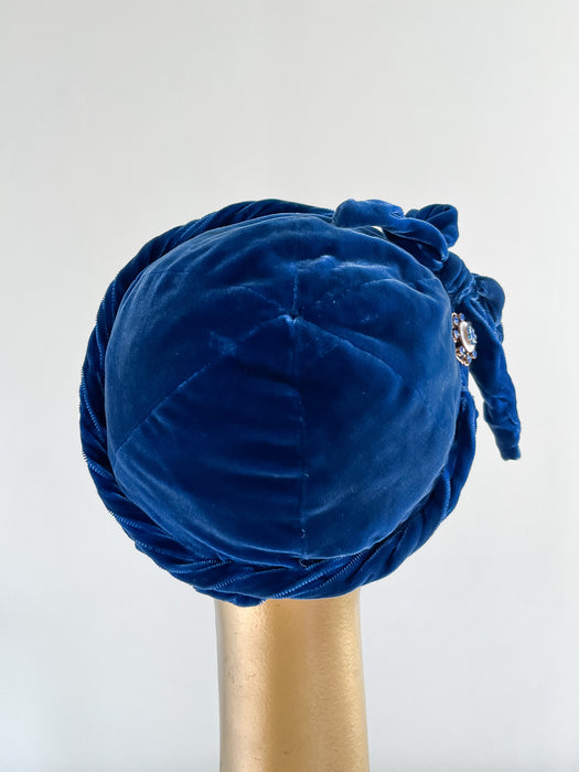 Elegant 1930's Blue Silk Velvet Evening Cap / OS