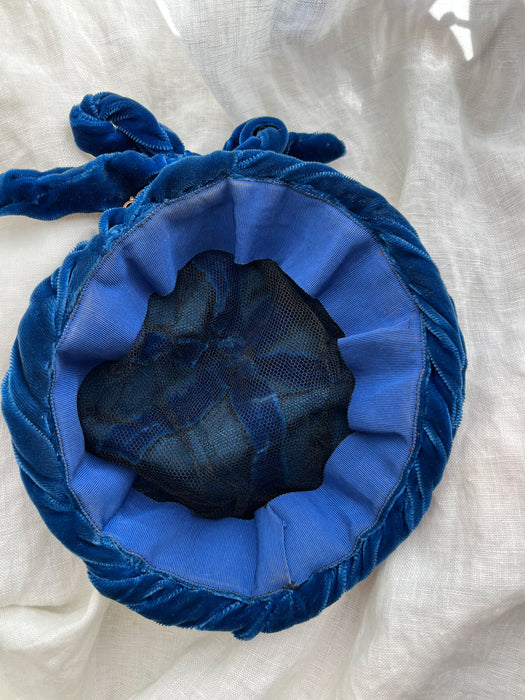 Elegant 1930's Blue Silk Velvet Evening Cap / OS