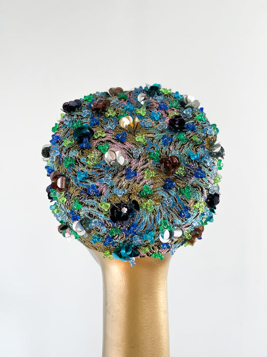 Dazzling 1960's Abstract Blue & Green Pillbox Hat by Saks Fifth Avenue / OS