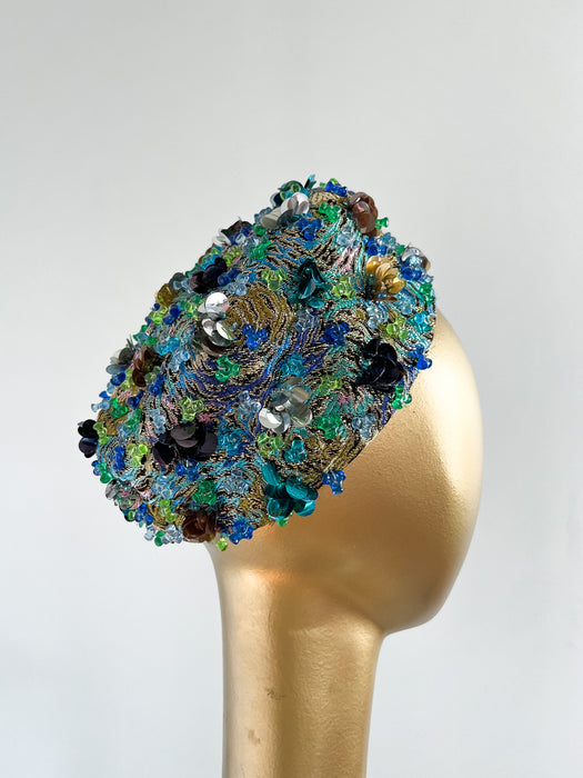 Dazzling 1960's Abstract Blue & Green Pillbox Hat by Saks Fifth Avenue / OS