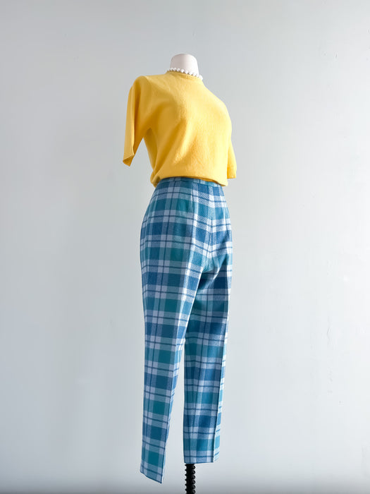1960's Vintage Pendleton Monochrome Blue Plaid Wool Pants / Sz S