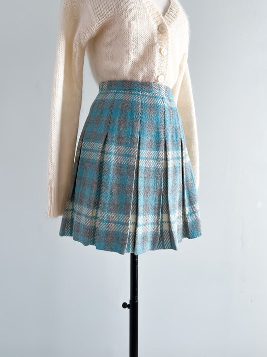 Cutest Blue & Grey Plaid Pleated School Girl Skirt / Sz S