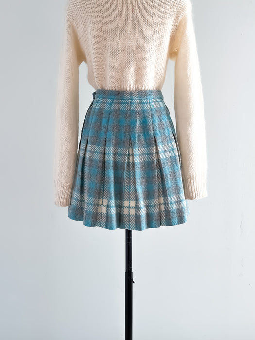 Cutest Blue & Grey Plaid Pleated School Girl Skirt / Sz S