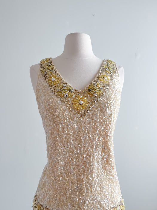 1960's Lemon & Pearl Beaded Knit Daisy Top / Medium