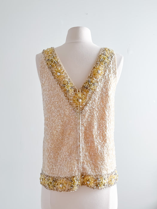 1960's Lemon & Pearl Beaded Knit Daisy Top / Medium