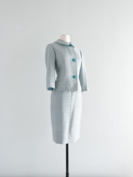 Fabulous 1960's Baby Blue and Cocoa Houndstooth Dress Suit / Sz XS
