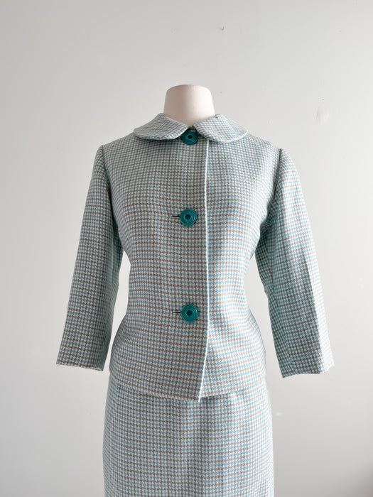 Fabulous 1960's Baby Blue and Cocoa Houndstooth Dress Suit / Sz XS