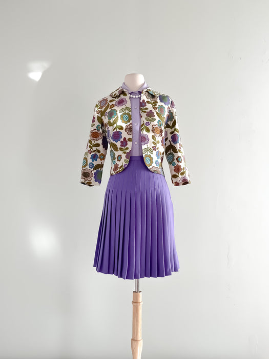 Sweet 1960's Linen Floral Print Cropped Jacket / Sz M
