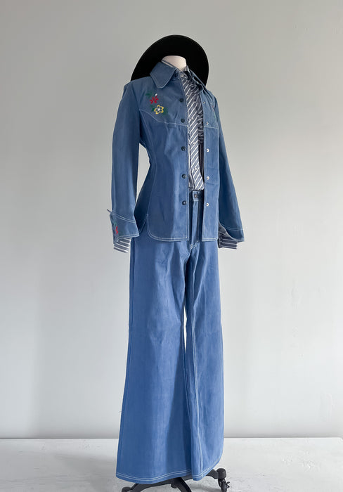Amazing 1970's Floral Embroidered Denim Western Suit Set by Reine Baumwolle / L