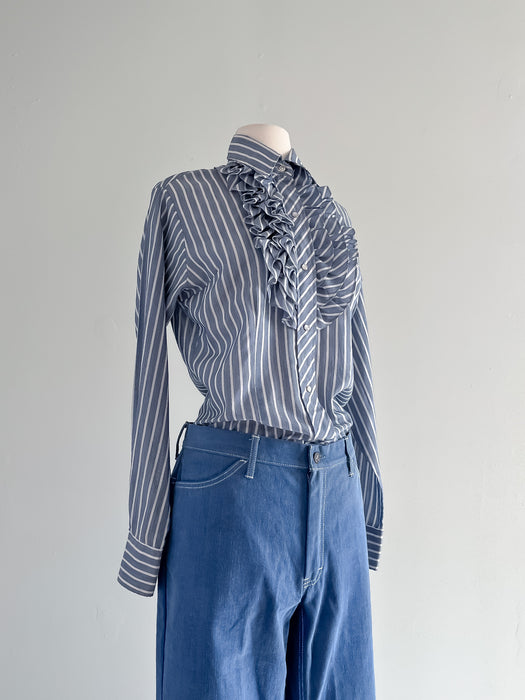 Vintage 1970's Striped Chambray Long Sleeve Frontier Western Wear Blouse / Sz M