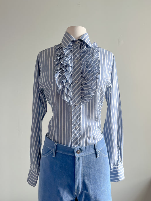 Vintage 1970's Striped Chambray Long Sleeve Frontier Western Wear Blouse / Sz M