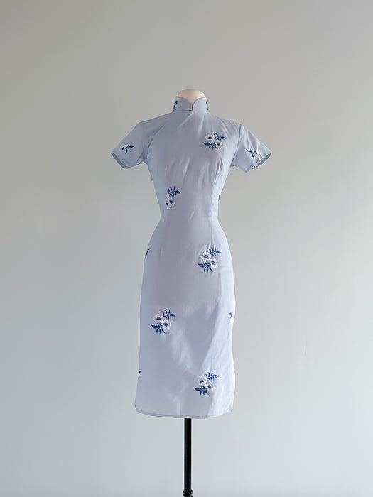 Gorgeous 1960's Cheongsam Style Baby Blue Cotton Day Dress / Sz S